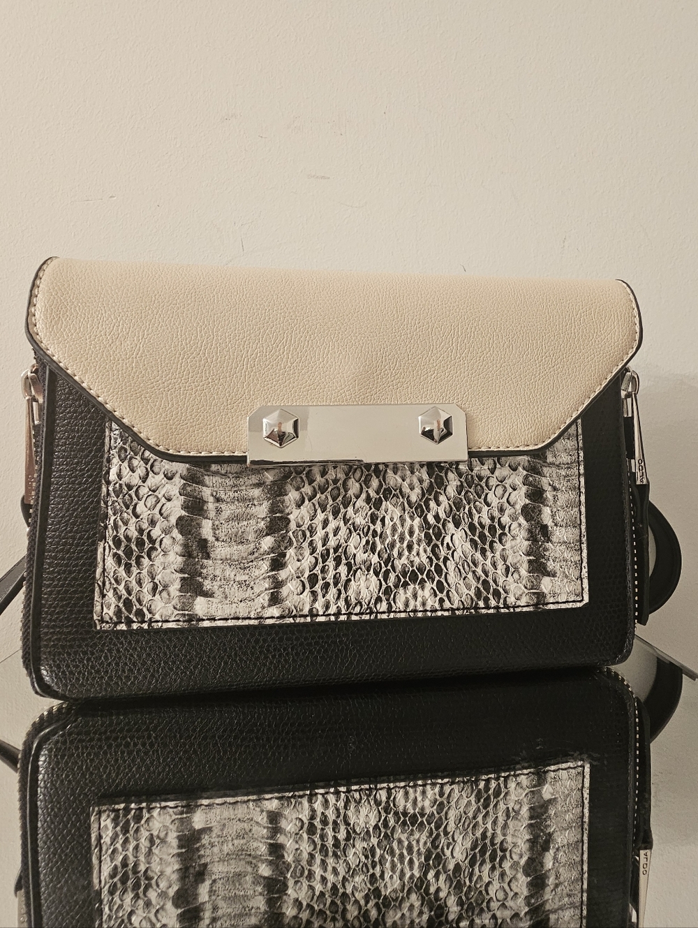 Aldo Cream, Black and Snakeskin-Print Crossbody Bag